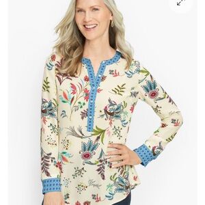 💙Talbots Cream Floral Blouse with Blue Trim